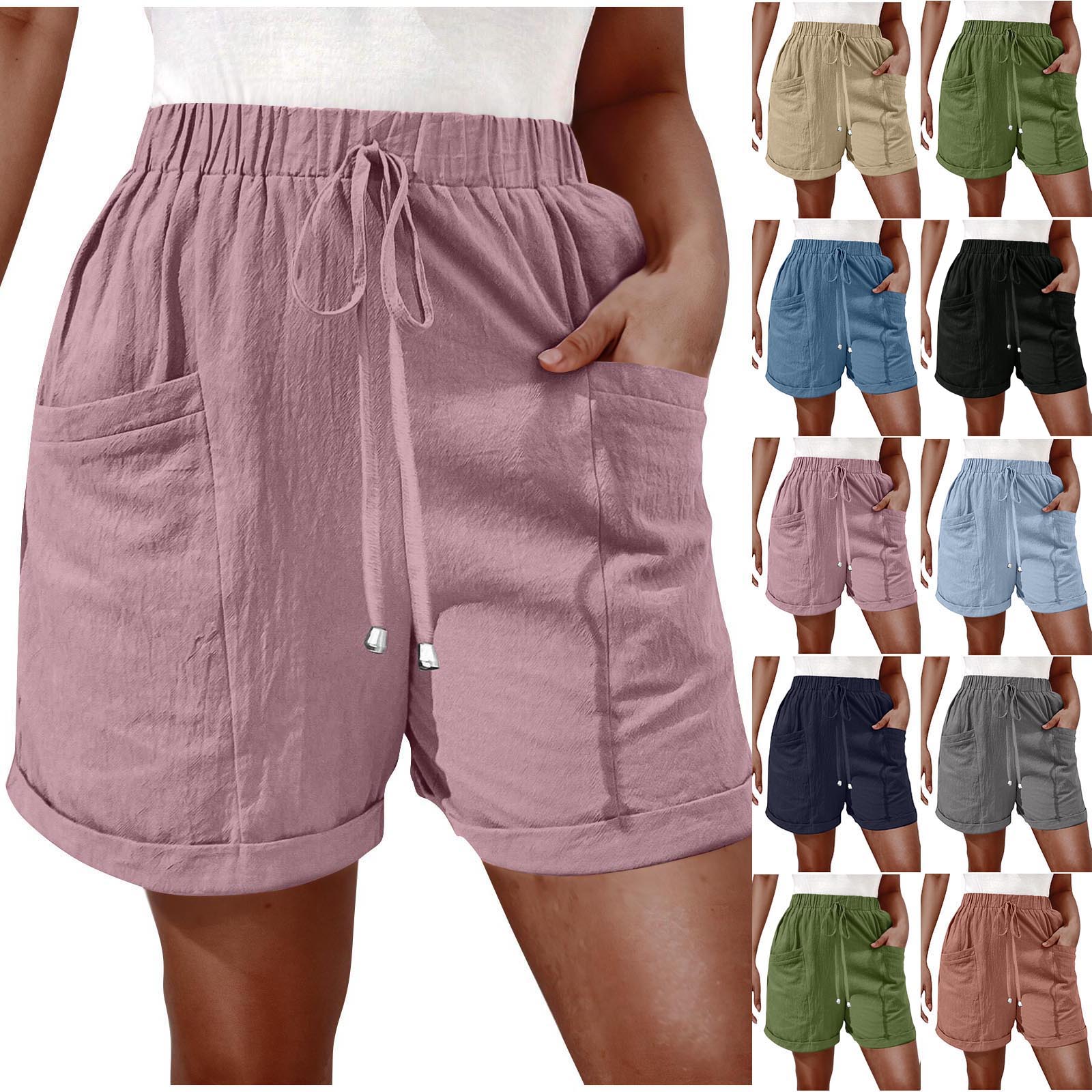 Womens Linen Shorts2025 Summer Casual Drawstring Elastic Waisted Beach Shorts Soild Color Loose Wide Leg Short Pants with Pockets Black M Hoy Oferta Flash
